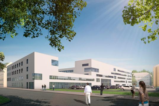 Der Neubau umschließt drei Innenhöfe und bietet durch große torartige Öffnungen verschiedene Blickverbindungen (Bild: STRABAG Real Estate GmbH).