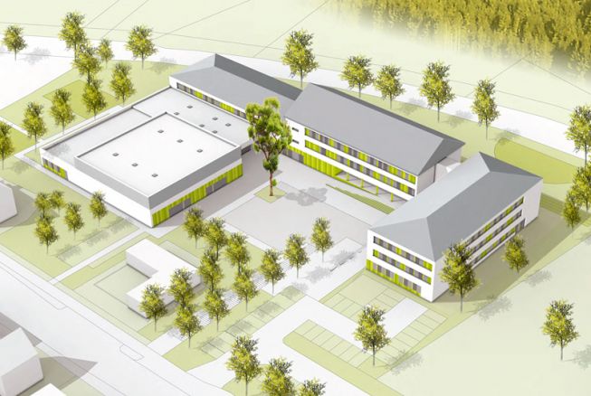 Durch die Baumaßnahmen wird eine U-förmige Campusstruktur um den zentralen Schulhof geschaffen.
