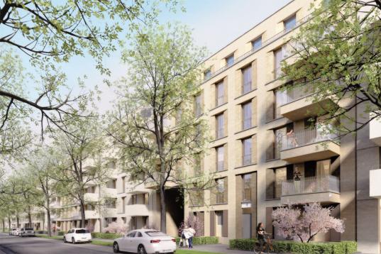 Der Blick entlang der Mendelstraße zeigt die neuen Wohnhäuser, die hier fünfgeschossig gestaltet werden 