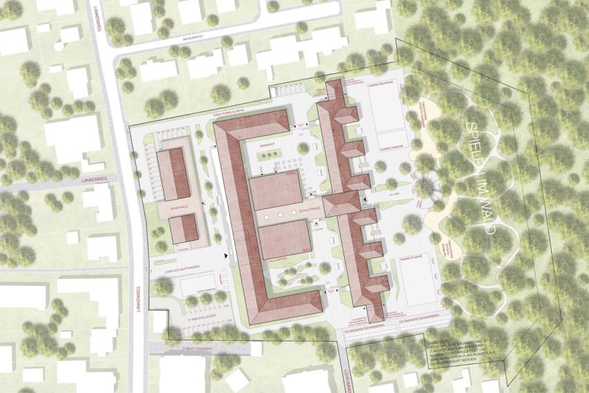 Die Darstellung des Gymnasiums anhand eines Lageplans. (Bild: HWR Architekten im Auftrag der Goldbeck Nord GmbH) Die Darstellung des Gymnasiums anhand eines Lageplans. (Bild: HWR Architekten im Auftrag der Goldbeck Nord GmbH)