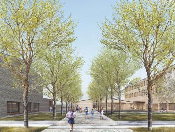 Vom Gruscheweg aus erreicht man den Schulcampus über eine ortstypische Allee. Visualisierungen: Wiechers Beck Gesellschaft von Architekten mbH im Auftrag der August Reiners Bauunternehmung GmbH