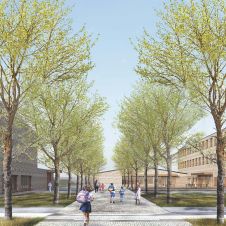 Vom Gruscheweg aus erreicht man den Schulcampus über eine ortstypische Allee. Visualisierungen: Wiechers Beck Gesellschaft von Architekten mbH im Auftrag der August Reiners Bauunternehmung GmbH