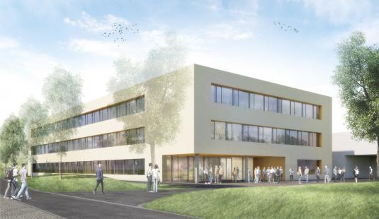 Blick Süd – Ost auf den Haupteingang des Erweiterungsneubaus am Beruflichen Schulzentrum in Geislingen (Bild: Peter Gross Hochbau GmbH & Co. KG, Stuttgart / gk Gössel + Kluge . Generalplaner GmbH, Stuttgart)